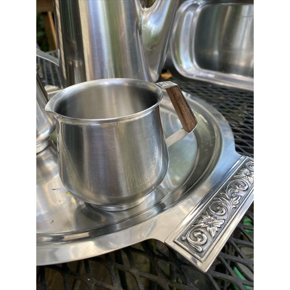 Vintage Stainless Coffee  Set 2 Tray, Creamer , Sugar Bowl, and Decanter - Japan